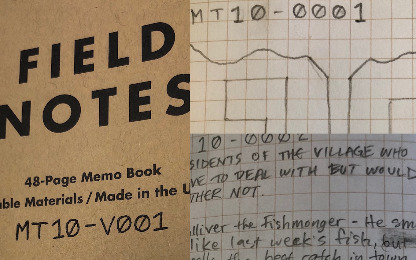 Collage of a notebook cover and two gridded pages
