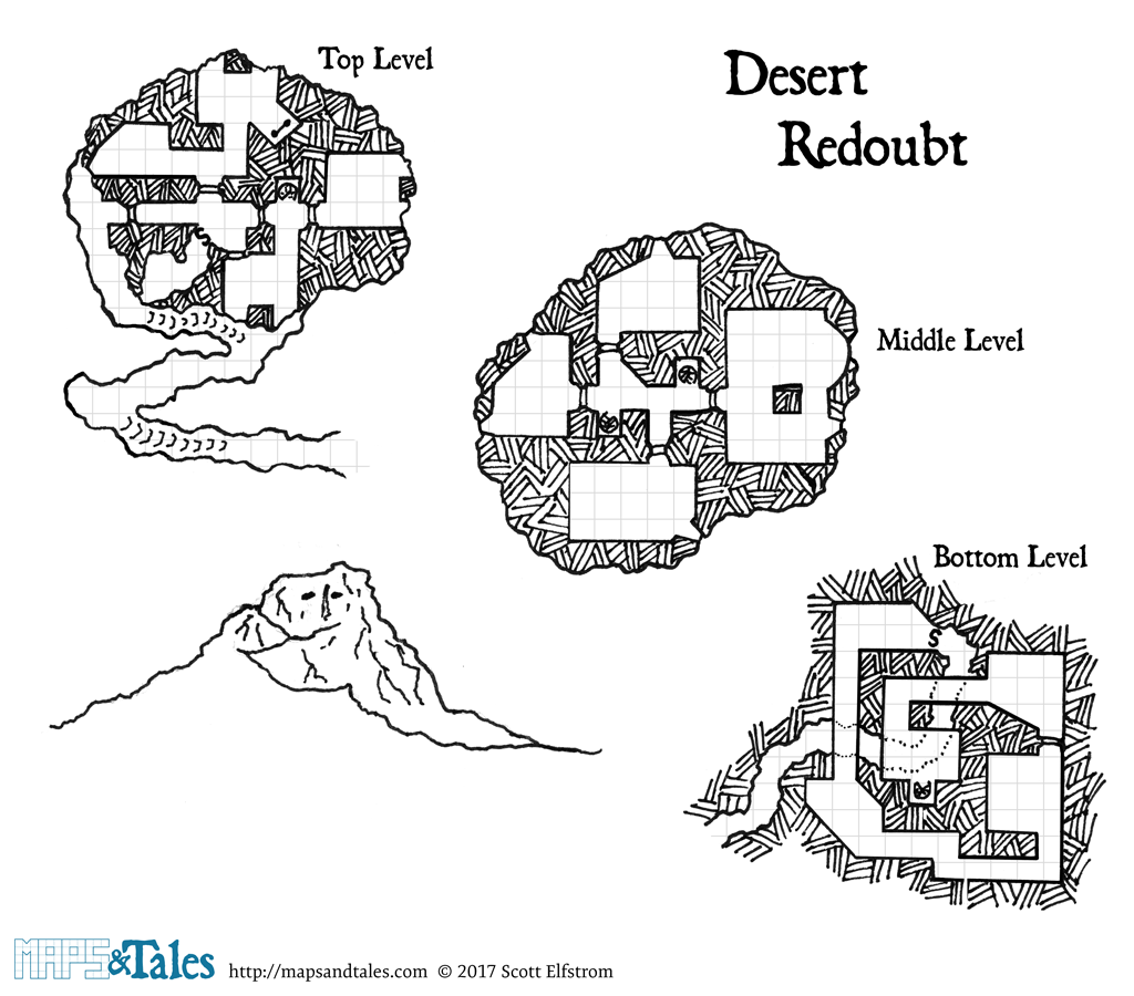 Gridded map of a desert redoubt, with an elevation illustration of same