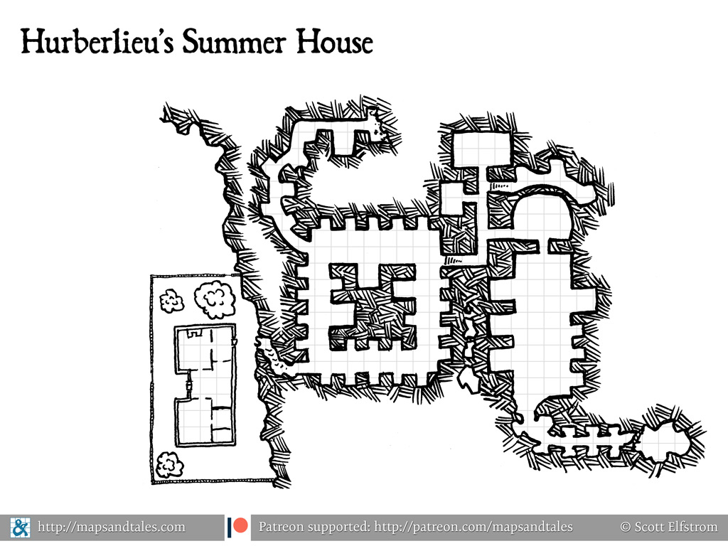 Map of a mansion at the foot of a cliff with a secret entrance to a labyrinthine dungeon.
