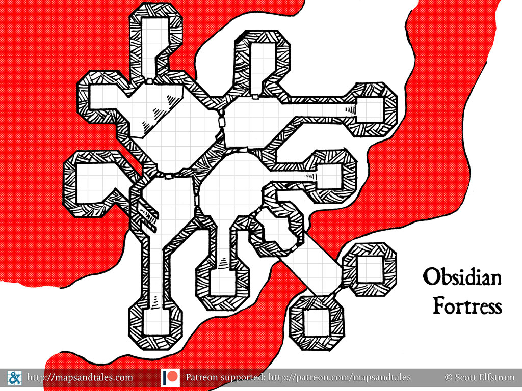 Map of a massive fortress in a volcanic plain, with a river of lava in front of it.