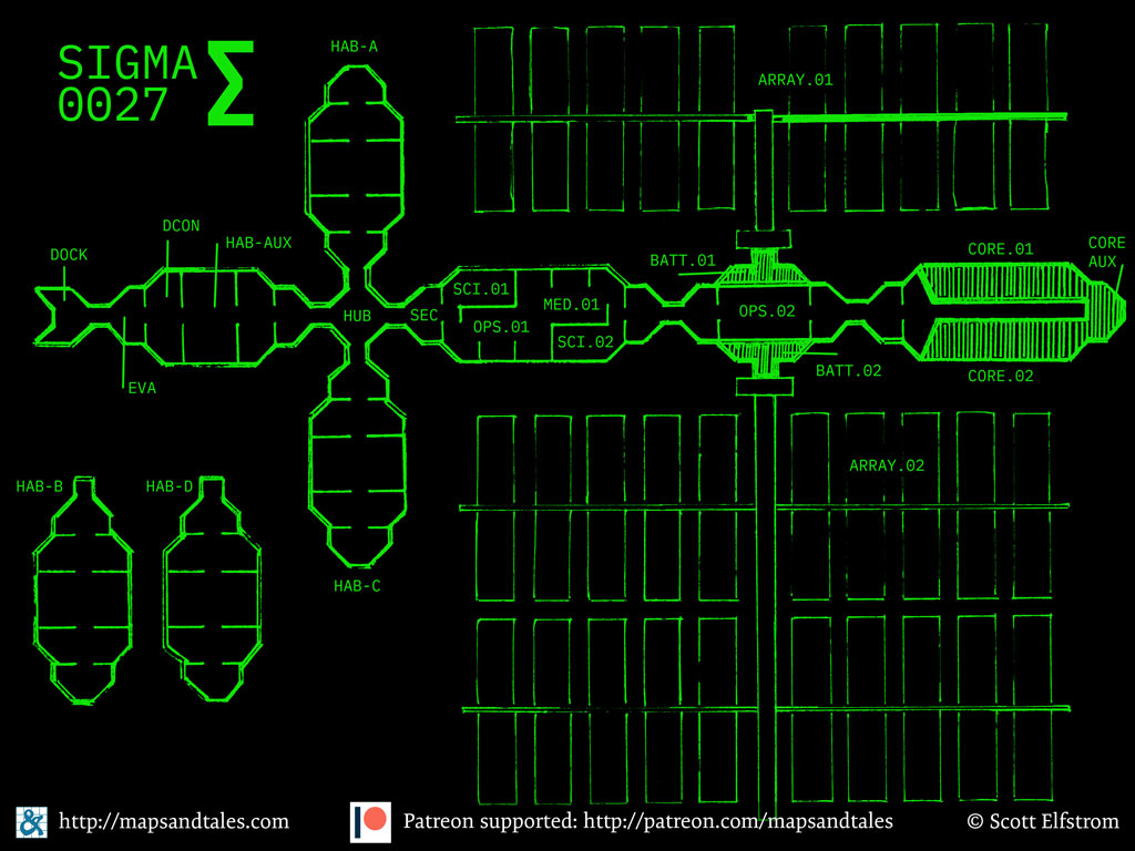 Map of a derelict space station drifting in the cosmos.